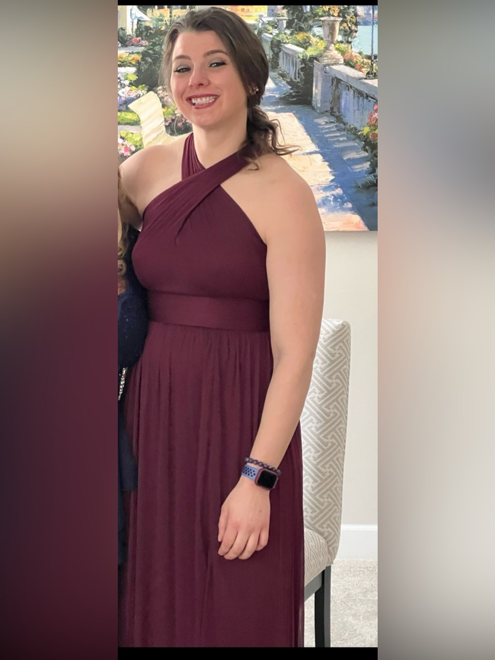 David's Bridal Burgundy Chiffon Gown